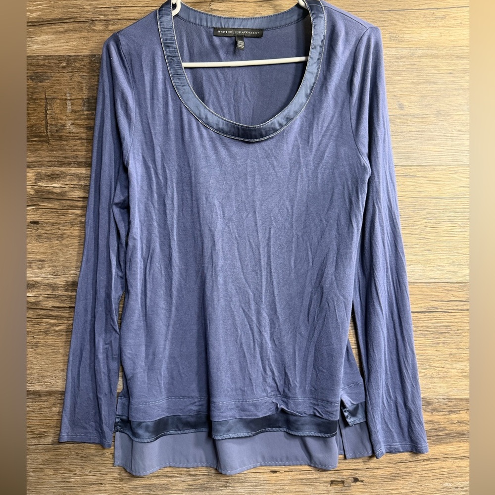White House Black Market Blue Satin Trim Blouse